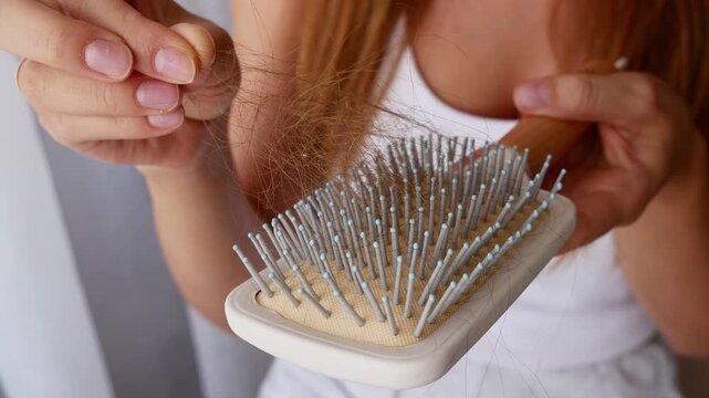 Close-up of woman removing fallen hair from hairbrush highlighting hair loss and excessive shedding problem