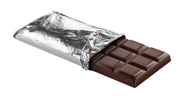 A professional studio shot of a dark chocolate candy bar wrapped foil half opened, clean PNG isolated on a solid white background