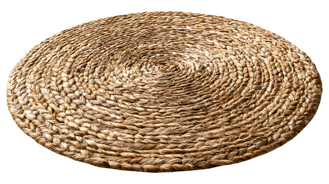 A professional studio shot of a handwoven jute area rug round circle natural fiber braided, clean PNG isolated on a solid white background