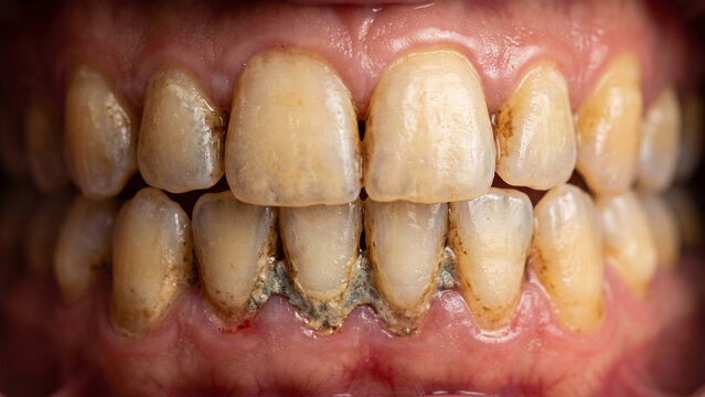 Teeth displaying significant tartar accumulation at the gum line illustrate the consequences of neglected oral hygiene which results in darkened, calcified textures and compromised gum tissue health.
