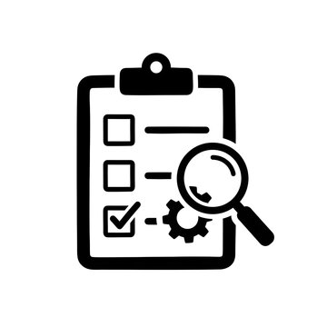 Clipboard with checklist and magnifying glass icon black silhouette on a white background