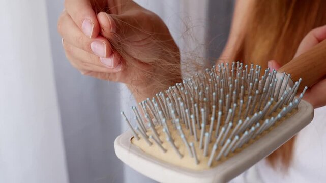 Close-up of woman removing fallen hair from hairbrush showing hair loss and excessive shedding problem
