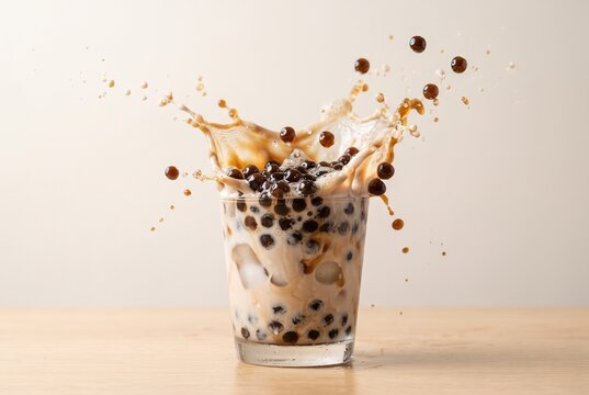 Bubble tea splash in clear glass, beverage photography