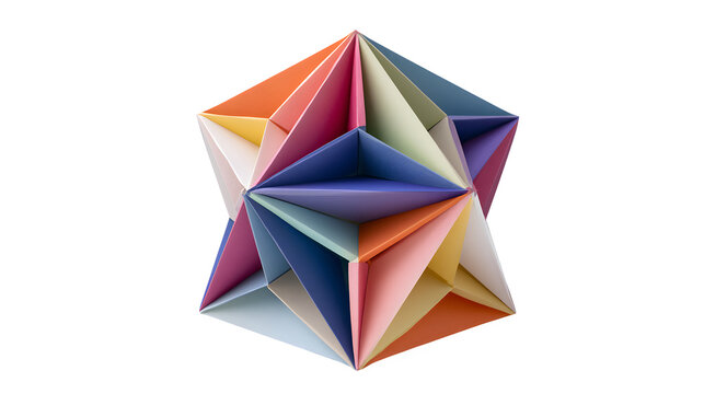 A professional studio shot of a abstract geometric origami paper folded structure multi colored, clean PNG isolated on a solid white background