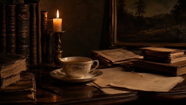 Antique books, a teacup, and a burning candle rest on a wooden desk. Old papers and framed art fill a gloomy manor study. Halloween and dark academia concept for reading and seasonal decor.