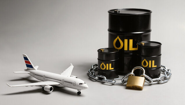 Passenger airplane model beside locked oil barrels symbolizes restricted petroleum supply, aviation fuel dependence, and energy security.