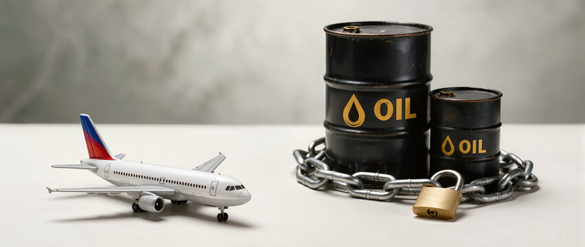 Passenger airplane model beside locked oil barrels symbolizes restricted petroleum supply, aviation fuel dependence, and energy security.