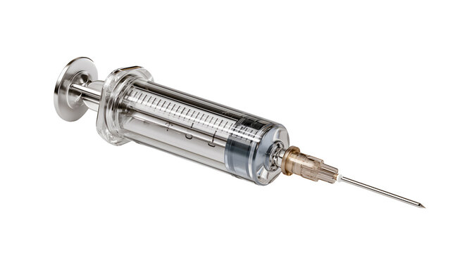 A professional studio shot of a medical syringe needle fluid measurement marks plastic cylinder, clean PNG isolated on a solid white background
