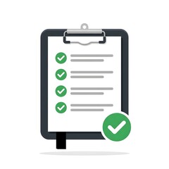 Fototapeta premium Flat vector illustration of a clipboard with checklist and confirmation icon on white background