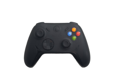 Black wireless-style video game controller with dual analog sticks, directional pad and colorful action buttons, isolated on a transparent background. © Jorge