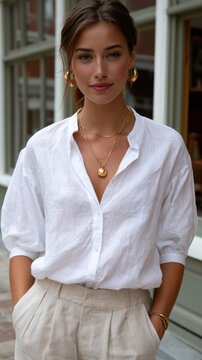 Young woman posing with hands in pockets on urban street