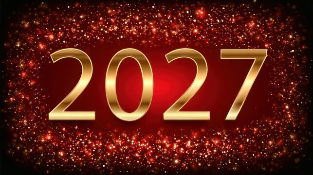 Gold 2027 numerals glowing amid red glitter background