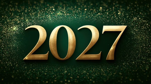 Gold 2027 numerals displayed on green sparkling background