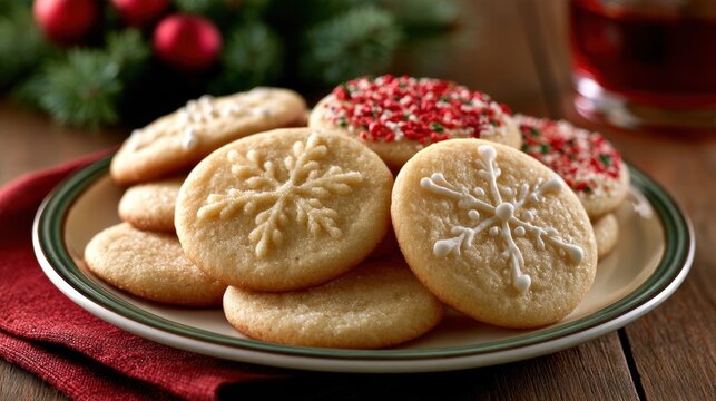 Round sugar cookies iced with snowflake design on plate
