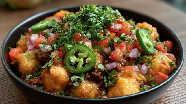 Loaded tater tots with jalapeno slices in bowl on wooden table