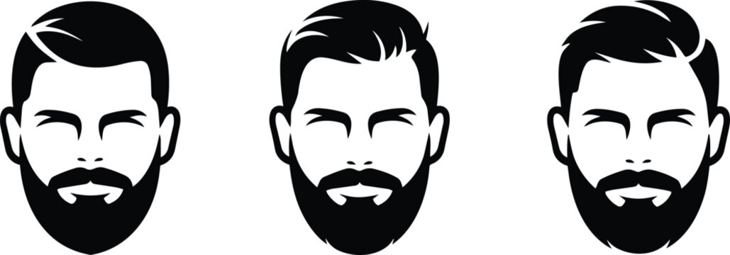 Man icon set beard vector logo black hair hairstyle icons, male face graphic symbols