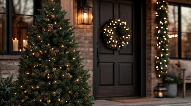 Decorated christmas tree and wreath on house entryway porch