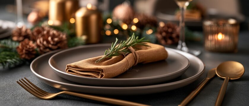 Table setting with brown napkin and rosemary on plates