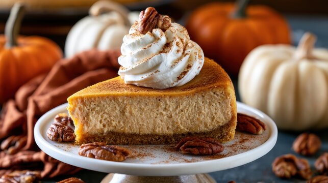 Slice of pumpkin cheesecake topped with whipped cream on stand
