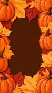 Pumpkins and autumn leaves surrounding dark brown central area