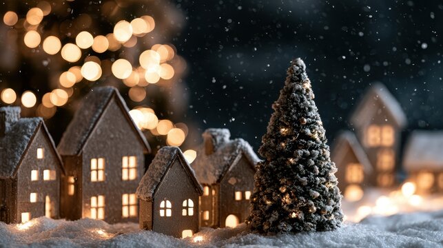 Miniature snowy village with lit houses and bokeh lights at night
