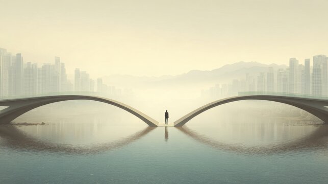 Luxury conceptual aerial photography of a single person standing before two elegant bridges crossing a calm river, each bridge leading toward