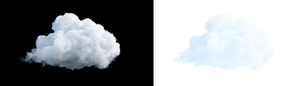 Set of fluffy white clouds with soft shading and subtle shadow on transparent background.