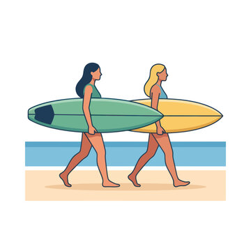 Two women surfers walking on beach with surfboards, summer vacation lifestyle