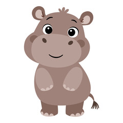Obraz premium Cute baby hippopotamus standing upright with a friendly smile. Adorable wild animal character in a simple flat vector style, isolated on a white background. Vector illustration