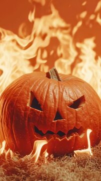 Animation of pumpkin with carved faces for Halloween, burning with a fiery flame in dry grass. Pumpkins are engulfed in powerful flames. Screensaver, footage, Halloween template