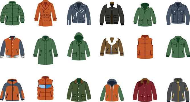 Set of various winter jackets and coats for men