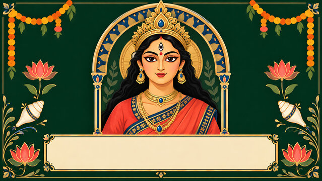 Traditional goddess durga illustration with lotus conch marigold garlands and decorative frame for maha panchami durga puja and navratri festival celebration design