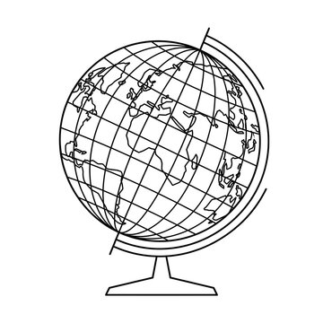 Linear globe drawing on a white background representing earth and international geography