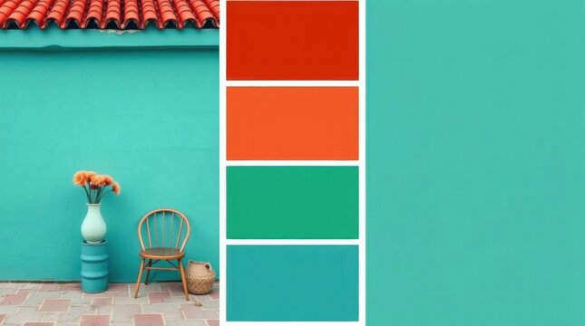 Bright terracotta roof with teal wall