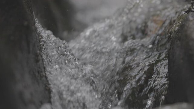 Clear mountain stream with pure water flowing and bubbling over natural in a pristine wilderness environment, dynamic motion of fresh transparent water. ProRes 422 10 bit ungraded C-LOG..