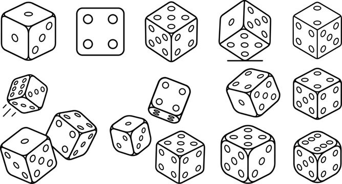 Game dice line art vector set featuring isometric cubes rolling cubes and various number faces for gaming and board games
