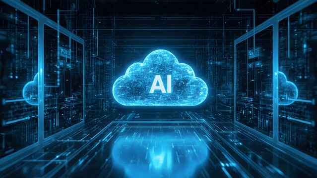 Cloud and edge computing technology data transfer concept. A large cloud icon is in the center, Ai Brain Cloud Big data, network, Science and futuristic ai cloud background concept.