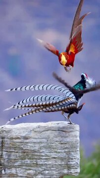 Two colorful Himalayan monal and golden pheasant birds on a rock
