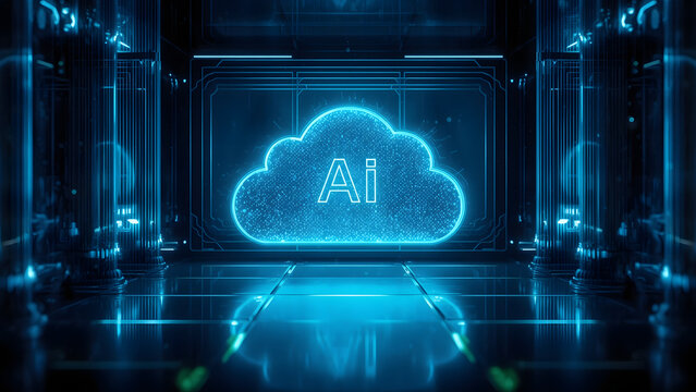 Cloud and edge computing technology data transfer concept. A large cloud icon is in the center, Ai Brain Cloud Big data, network, Science and futuristic ai cloud background concept.