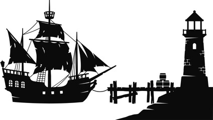 Vintage illustration of a tall sailing ship and coastal lighthouse on a rocky shore © JR Studio
