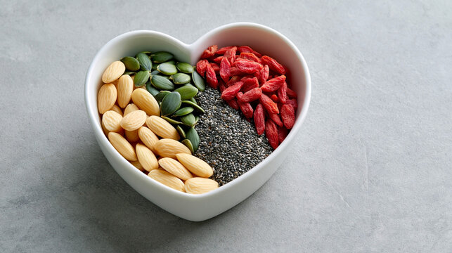 World vegan day modern healthy bowl with almonds, pumpkin seeds, chia seeds and goji berries arranged in a heart-shaped dish