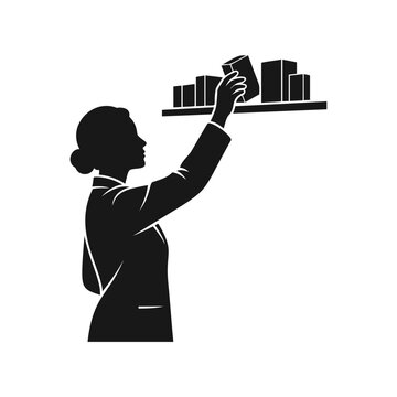 Silhouette of a woman organizing items on a shelf, professional illustration concept