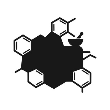Chemical structures and mortar pestle icon representing pharmacy science