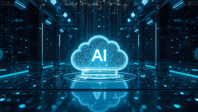 Cloud and edge computing technology data transfer concept. A large cloud icon is in the center, Ai Brain Cloud Big data, network, Science and futuristic ai cloud background concept.