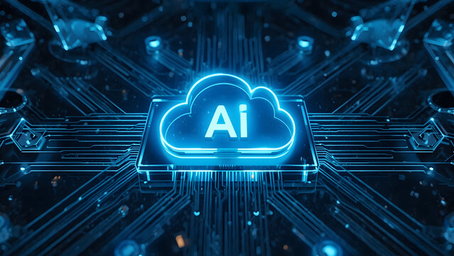 Cloud and edge computing technology data transfer concept. A large cloud icon is in the center, Ai Brain Cloud Big data, network, Science and futuristic ai cloud background concept.