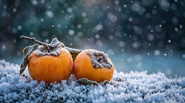 Two persimmons covered in frost on a branch with falling