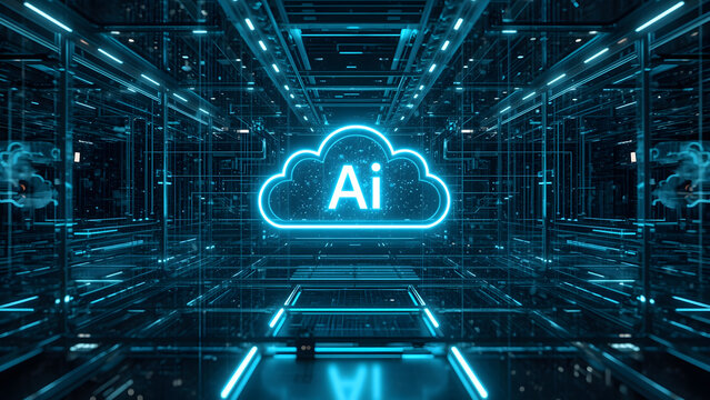 Cloud and edge computing technology data transfer concept. A large cloud icon is in the center, Ai Brain Cloud Big data, network, Science and futuristic ai cloud background concept.