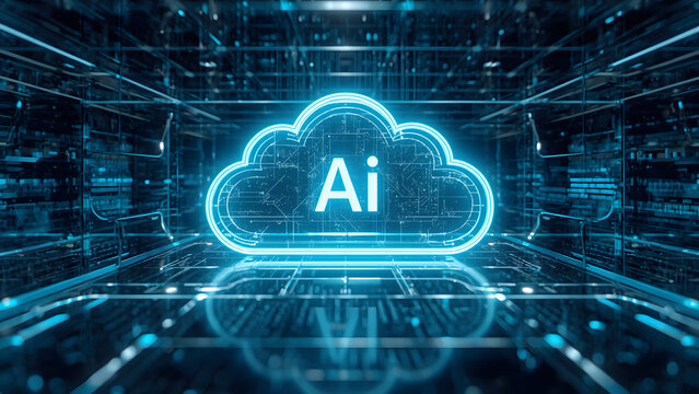 Cloud and edge computing technology data transfer concept. A large cloud icon is in the center, Ai Brain Cloud Big data, network, Science and futuristic ai cloud background concept.