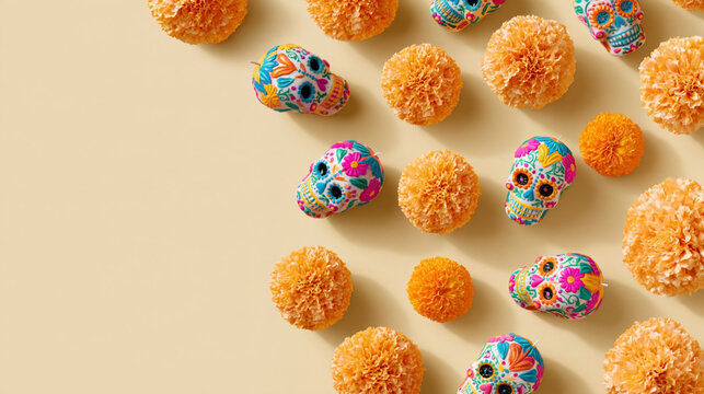 Colorful mexican sugar skulls and orange marigold flowers arranged on beige background for traditional day of the dead celebration