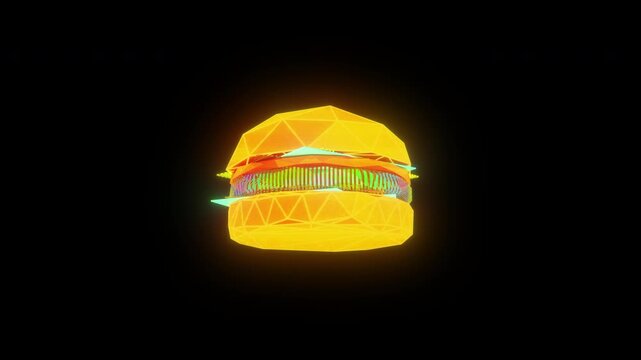Glowing Low Poly Hamburger Icon on Black Background
